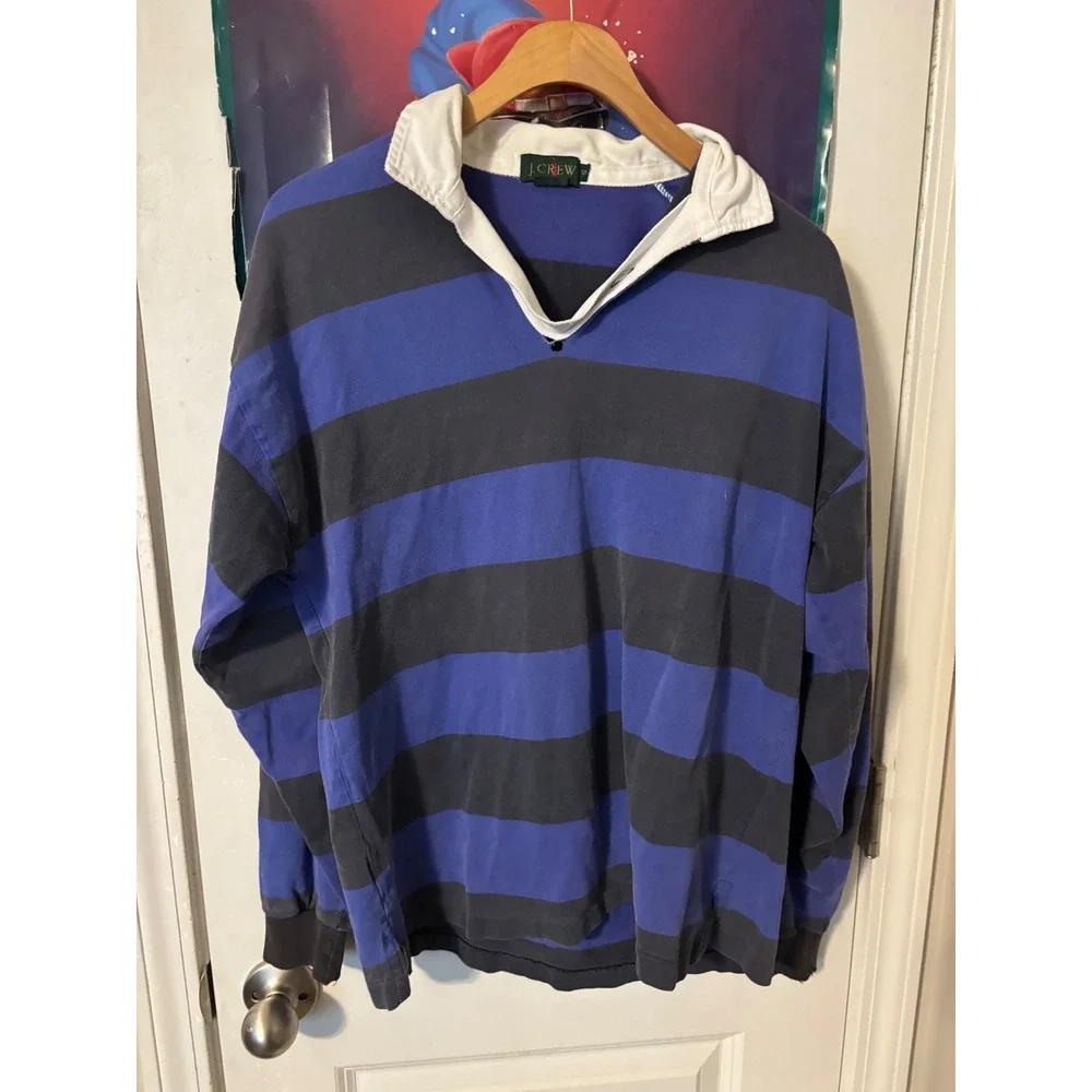 Vintage J. Crew Rugby Shirt Mens Small Blue Navy Striped Long Sleeve Cotton